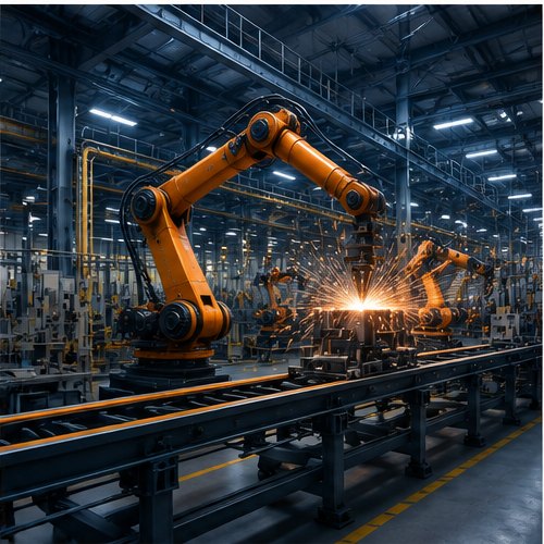 Manufacturing plant with robotic arms